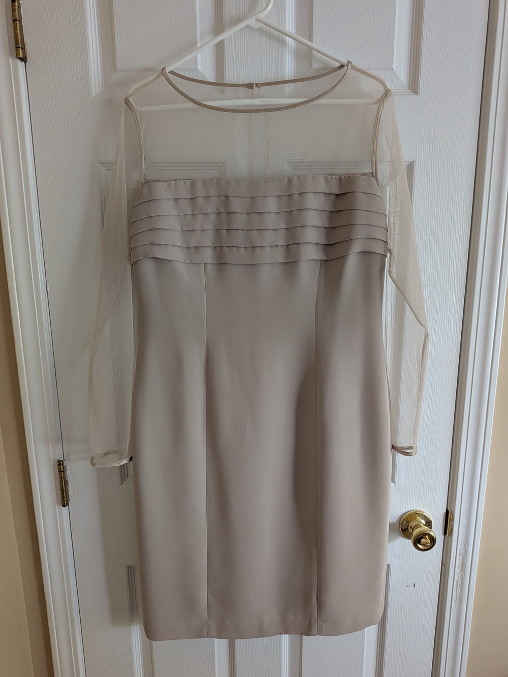 Talbots Beige Sheer-Sleeve Pleated Bodice Dress